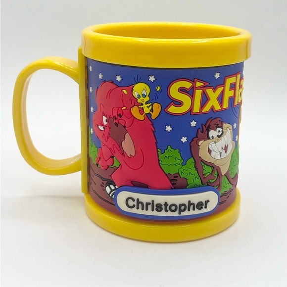VTG Looney Tunes Mug Six Flags CHRISTOPHER Bugs Taz Tweety Porky Daffy Marvin - Picture 1 of 3